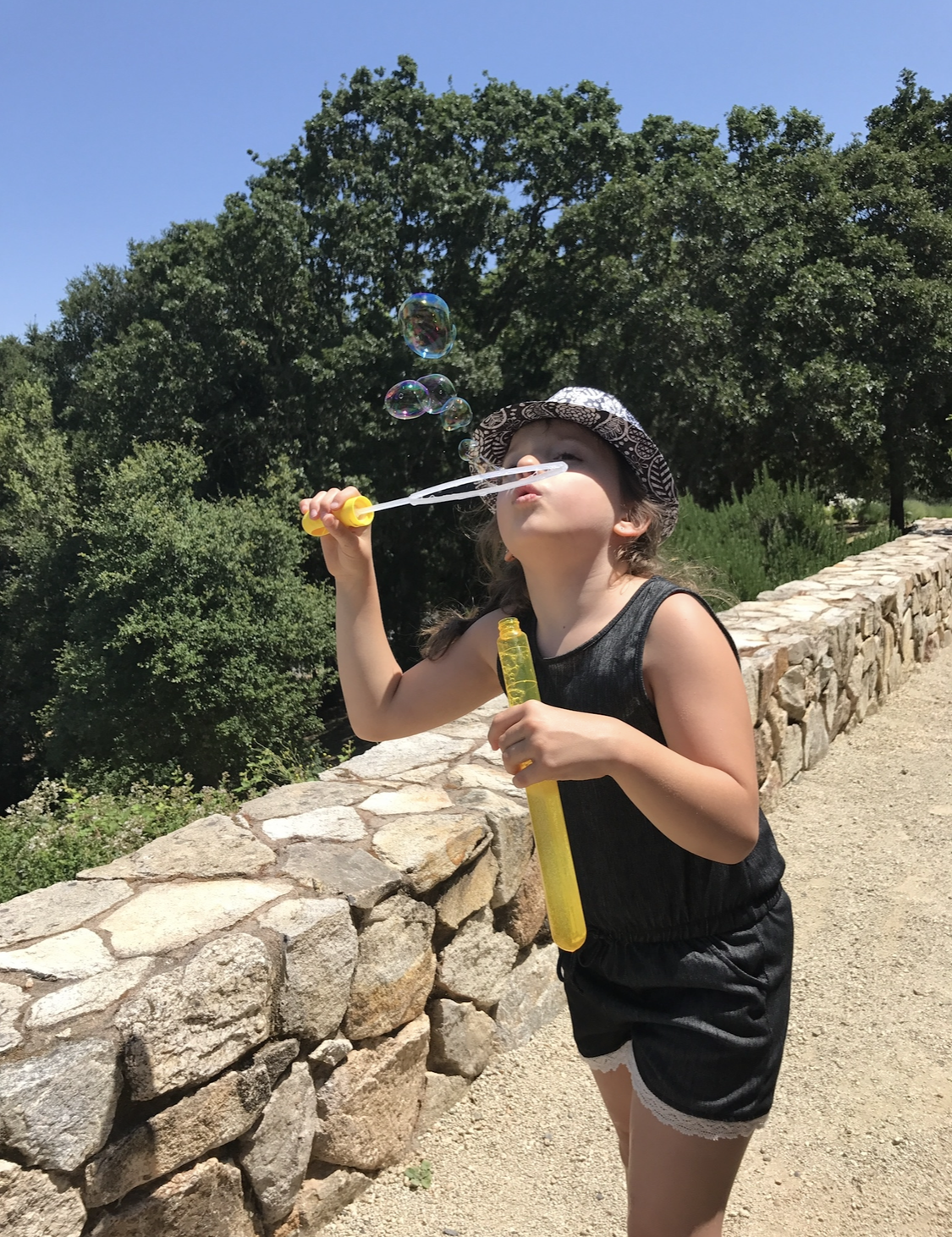 A young girl stands on a sunny stone pathway, blowing colorful bubbles into the air while holding a bottle of bubble solution. Surrounded by lush green trees under a bright blue sky, she enjoys a playful summer moment outdoors.